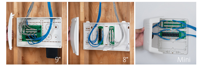 Comparison of Plastic Voice and Data Residential Wiring Enclosures 9 inch, 8 inch, and Mini